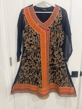 Pakistani Embroidered Navy & Orange V-Neck Women’s Dress